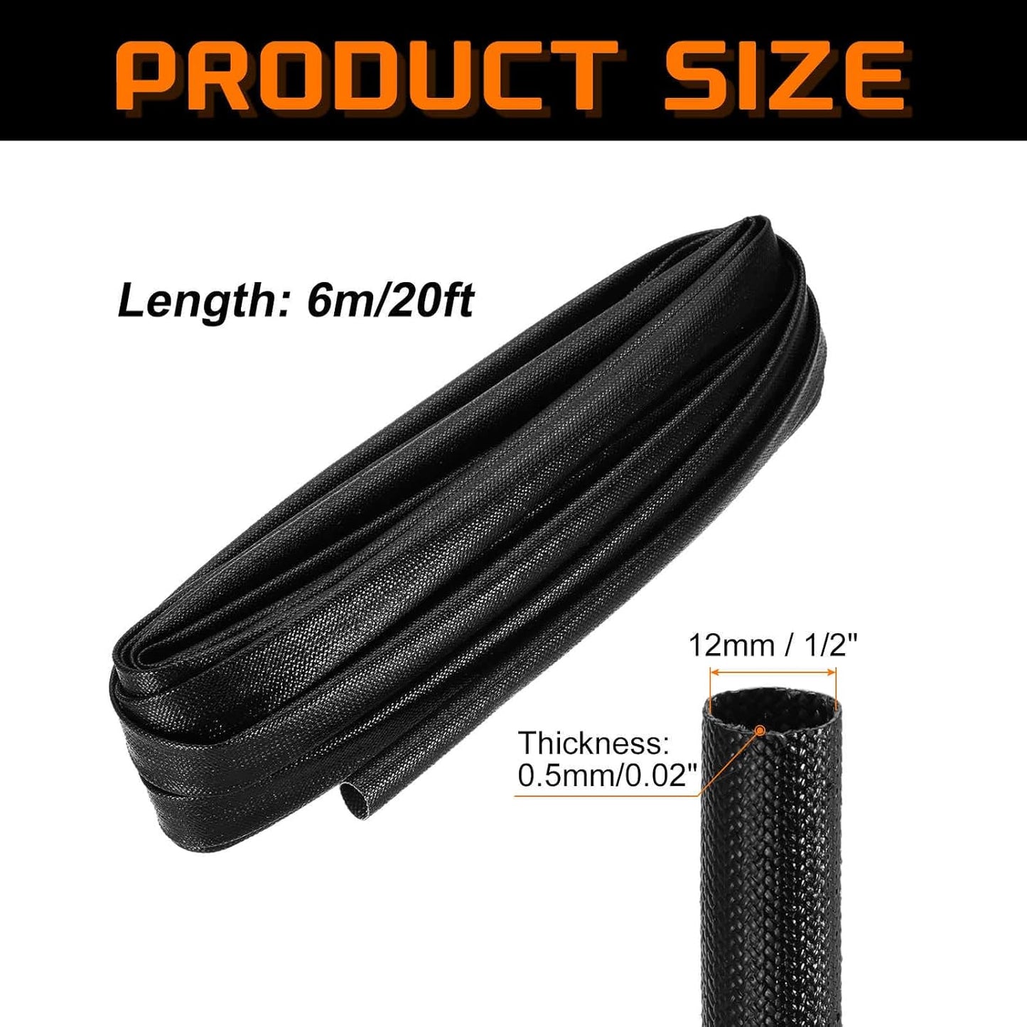 MECCANIXITY 20ft Braided Cable Sleeve, 1/2" ID 200C High Temperature 1500V Fiberglass Wire Insulation Cord Protector Organizer Wires Management for Motor Engine Fuel Line, Black