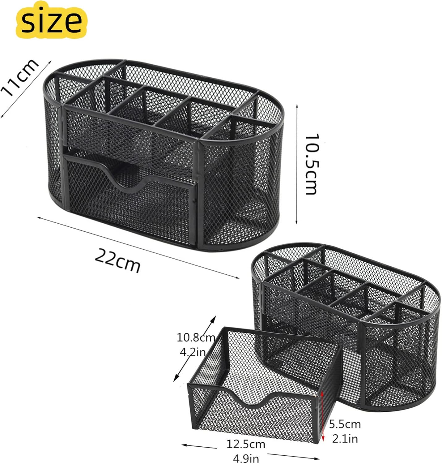 Desk Organizer Mesh Desktop Office Supplies Multi-functional Caddy Pen Holder Stationery with 8 Compartments and 1 Drawer for Office, Home, School, Classroom (Black)