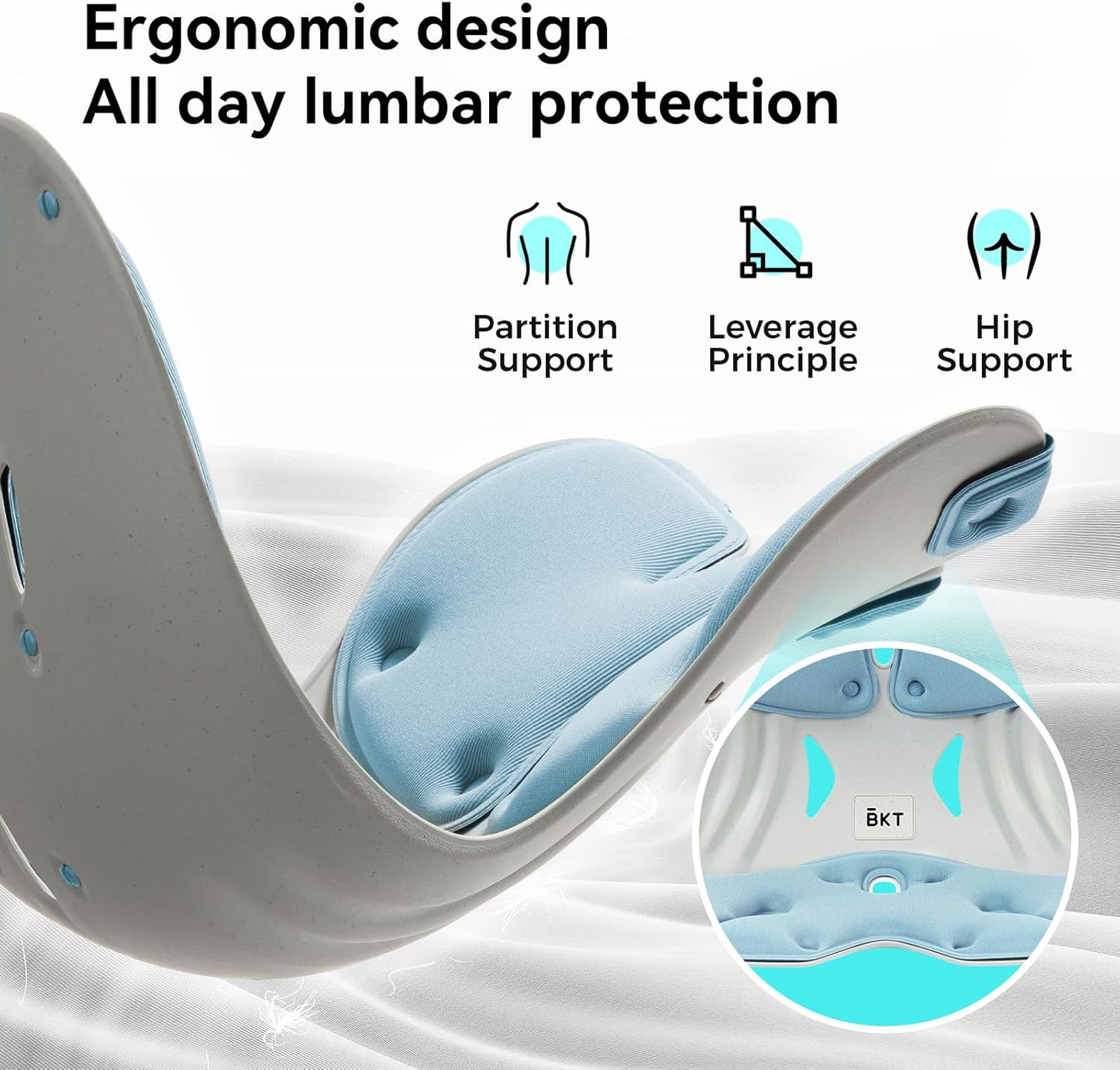 BKT Lumbar Support Seat Cushions Ergonomic Office Chair for Students Office Workers Nursing Mothers Long Sitting Outdoor Fishing Floor Chair (L-Sky Blue)