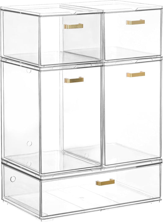 Set of 5 Stackable Storage Drawers, Clear Acrylic Organizer Bins for Beauty Supplies, Perfect for Makeup Vanity, Undersink, Kitchen, Cabinet,Pantry Organization and Storage