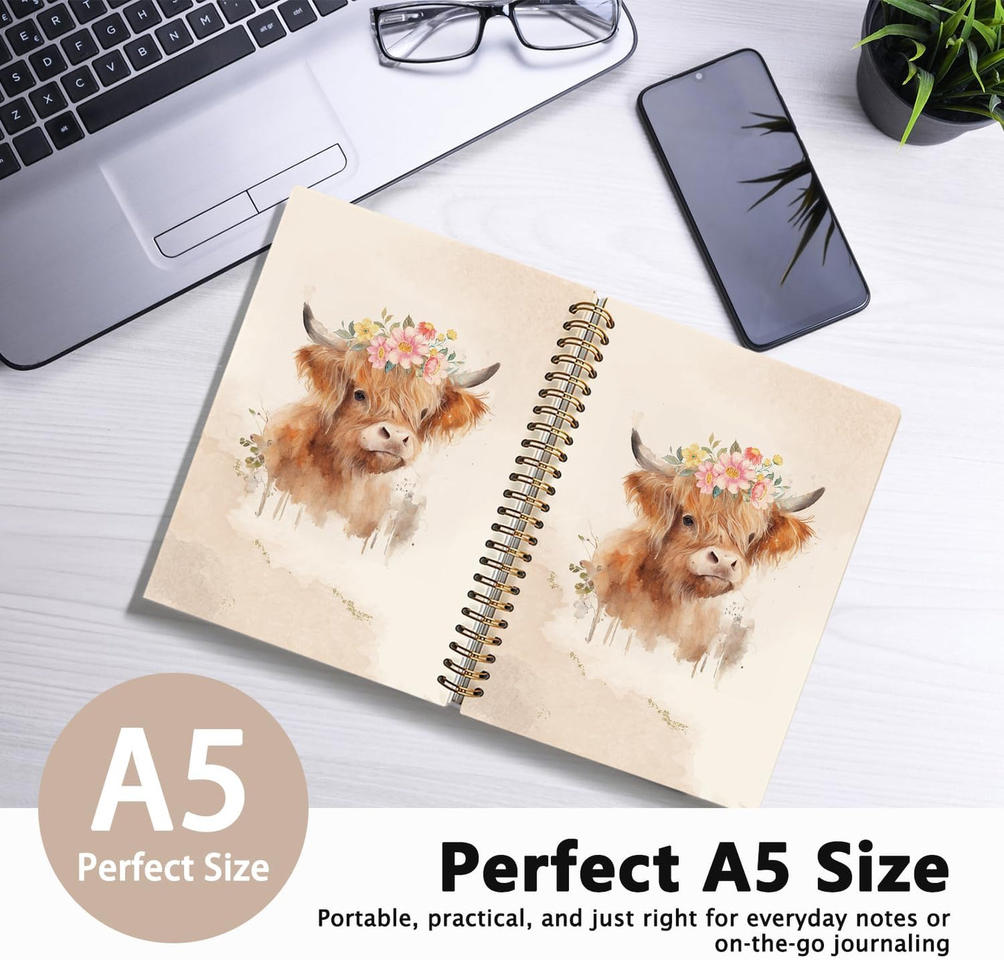 Vintage Floral Cow Notebook, Cows Lover Gifts Notebooks for Note Taking, Cows Gifts for Women Journal, Cute Western Flower Fluffy Cow Journals for Writing, 5.5x8.3 Inch