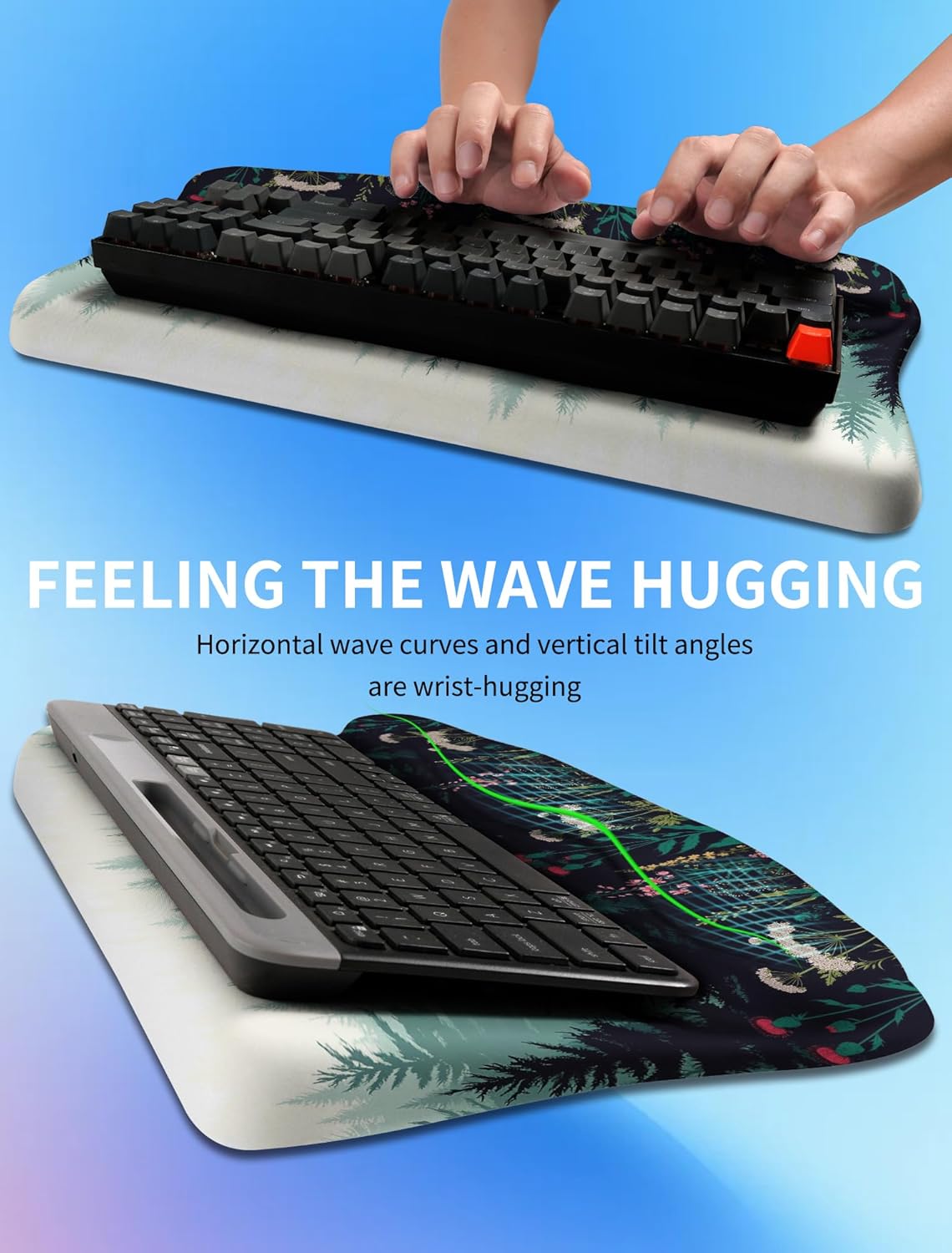 Ergonomic Wave Wrist Rest with Keyboard Stand, Cushioned Palm Rest, Comfortable Integrated Memory Foam for Natural Typing and Relieve Wrist Pain, Flower Sea Forest