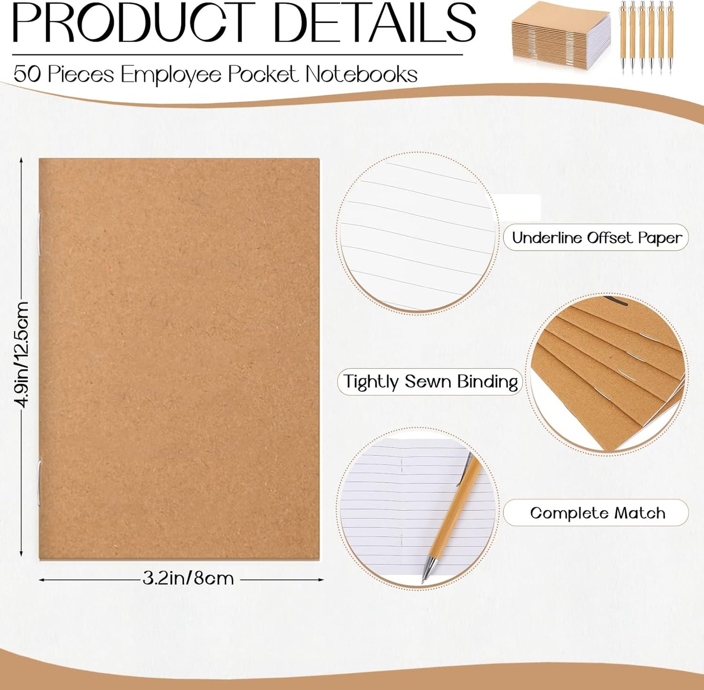 Kisston 50 Sets Mini Pocket Notebook with Pens Bulk Valentine Notebook Gifts Small Memo Notepad with Bamboo Pens for Employee Coworker Team Gifts(Classic Color)