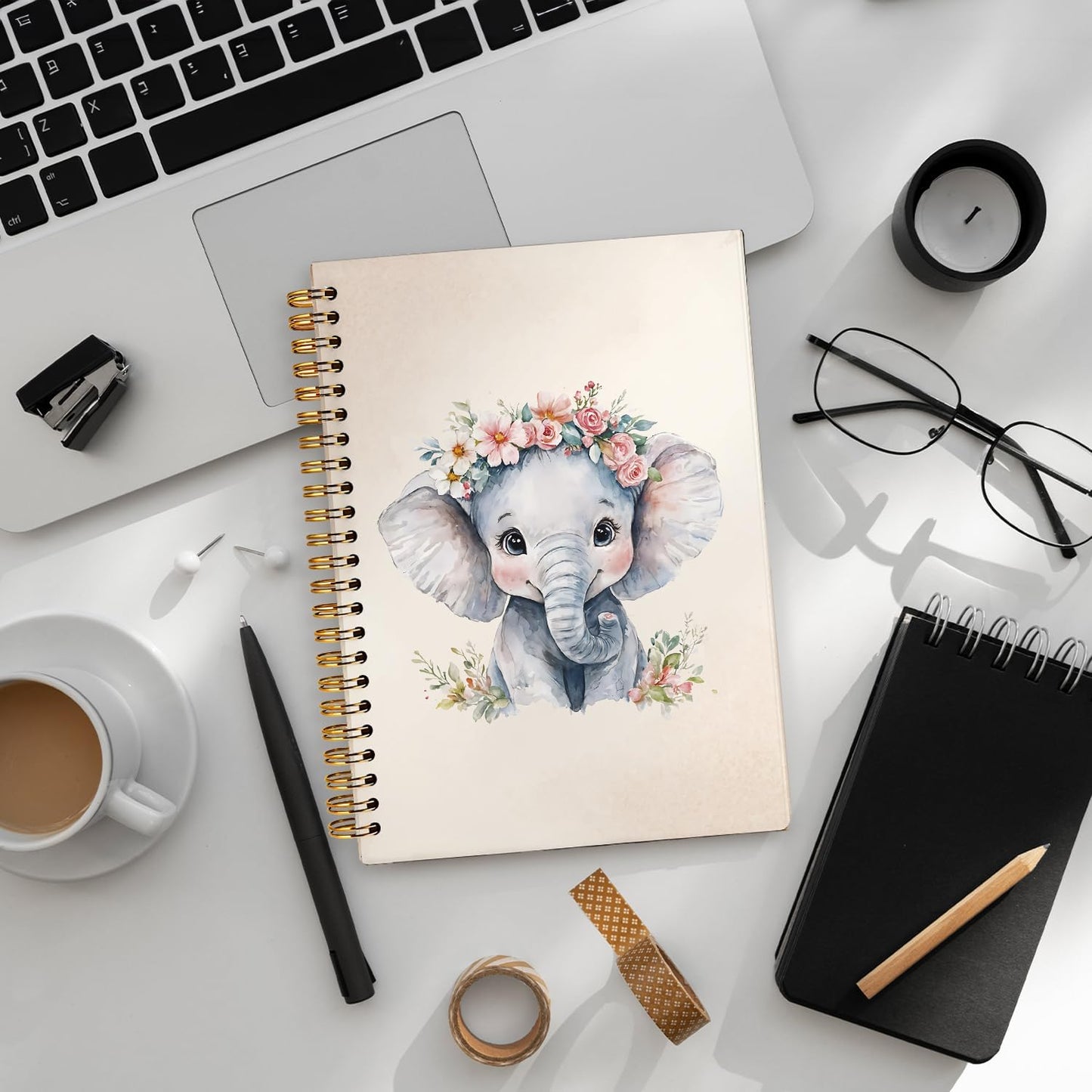 Cute Floral Elephant Notebook Journal for Kids, Elephant Gifts Notebooks for Women, Animal Lover Gifts Journal, Watercolor Baby Wild Animal Hardcover Spiral Notebook 5.5x8.3 Inch