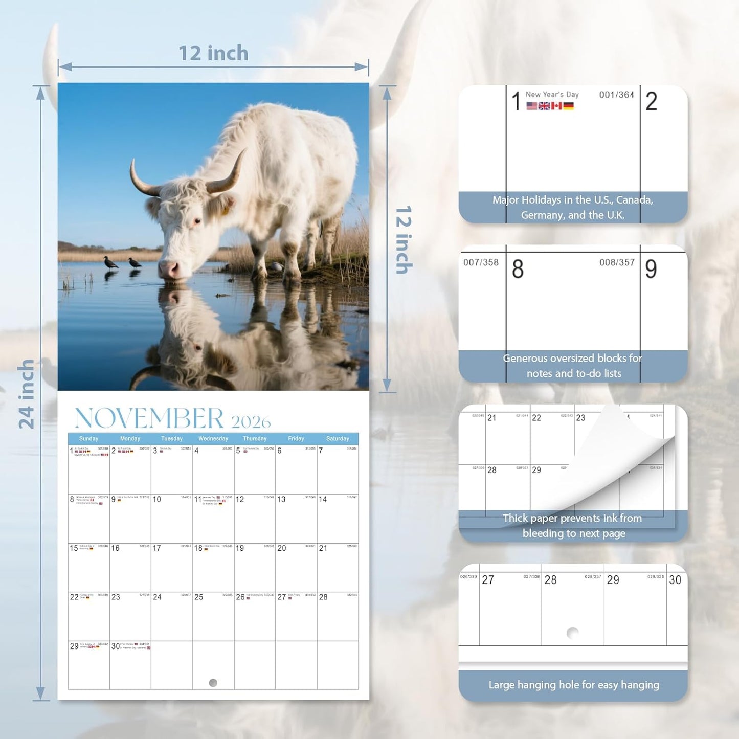 2026 Wall Calendar, Large Monthly Wall Calendar Dogs, Jan 2026 - Dec 2026, 12" x 24" (Opened), Hanging Planning Calendars for Family Home Office Supplies