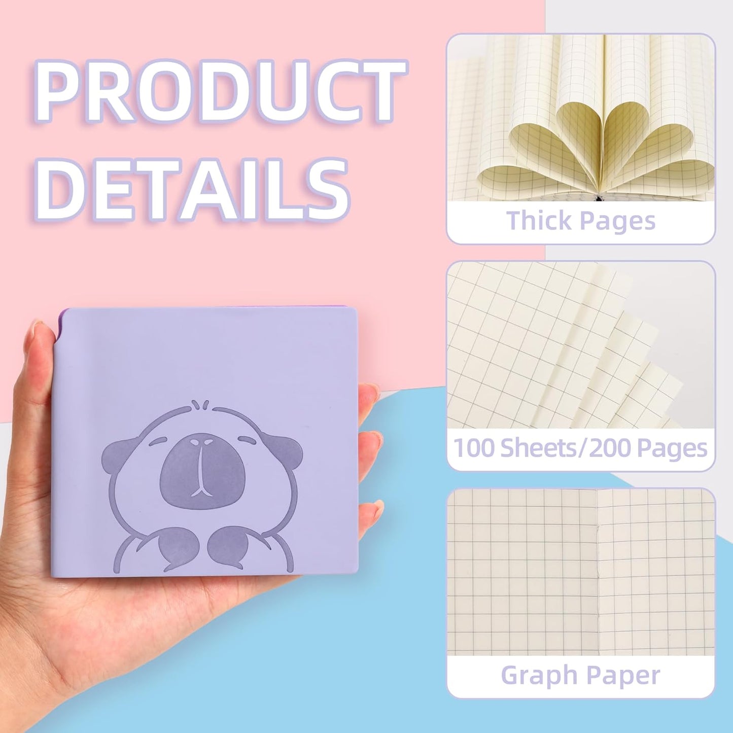 BOBO RABBIT 3 Pack Mini Grid Notebooks Pocket Size Graph Paper Journal 200 Pages Steno Pads Memo Notebook Small Soft Leather Cartoon Capybara Pattern Cute Journal for Writing Sketching Drawing Lay Flat, 3.9"x3.9" Inner(Mini Square)