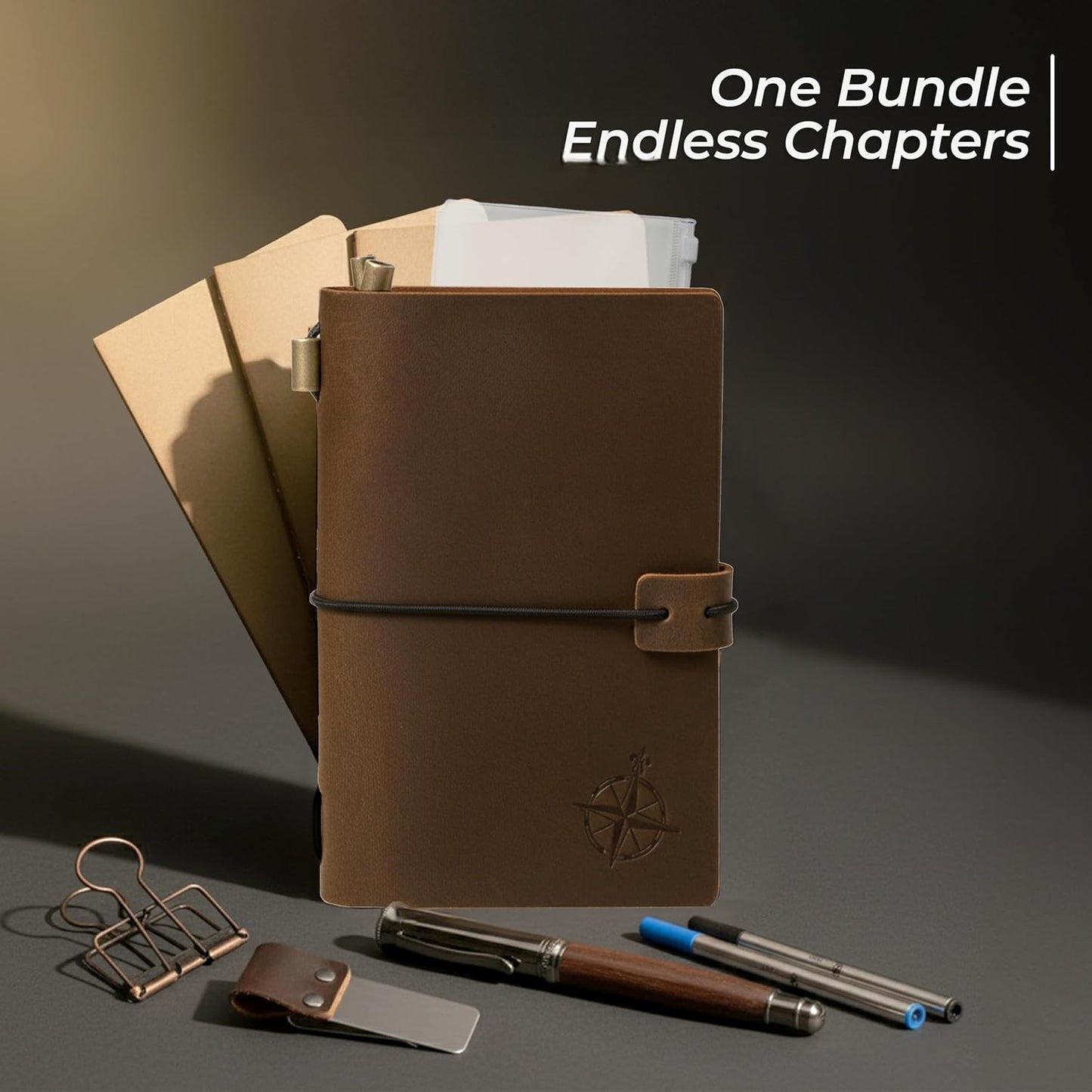 WANDERINGS Pocket Notebook Bundle - 4" x 5.1" / 10cm x 13cm - Small, Passport Size Refillable Travelers Notebook - Includes a Pen Holder with a Pen, 2 extra Ink Refills, a PVC Folder, Binder Clip