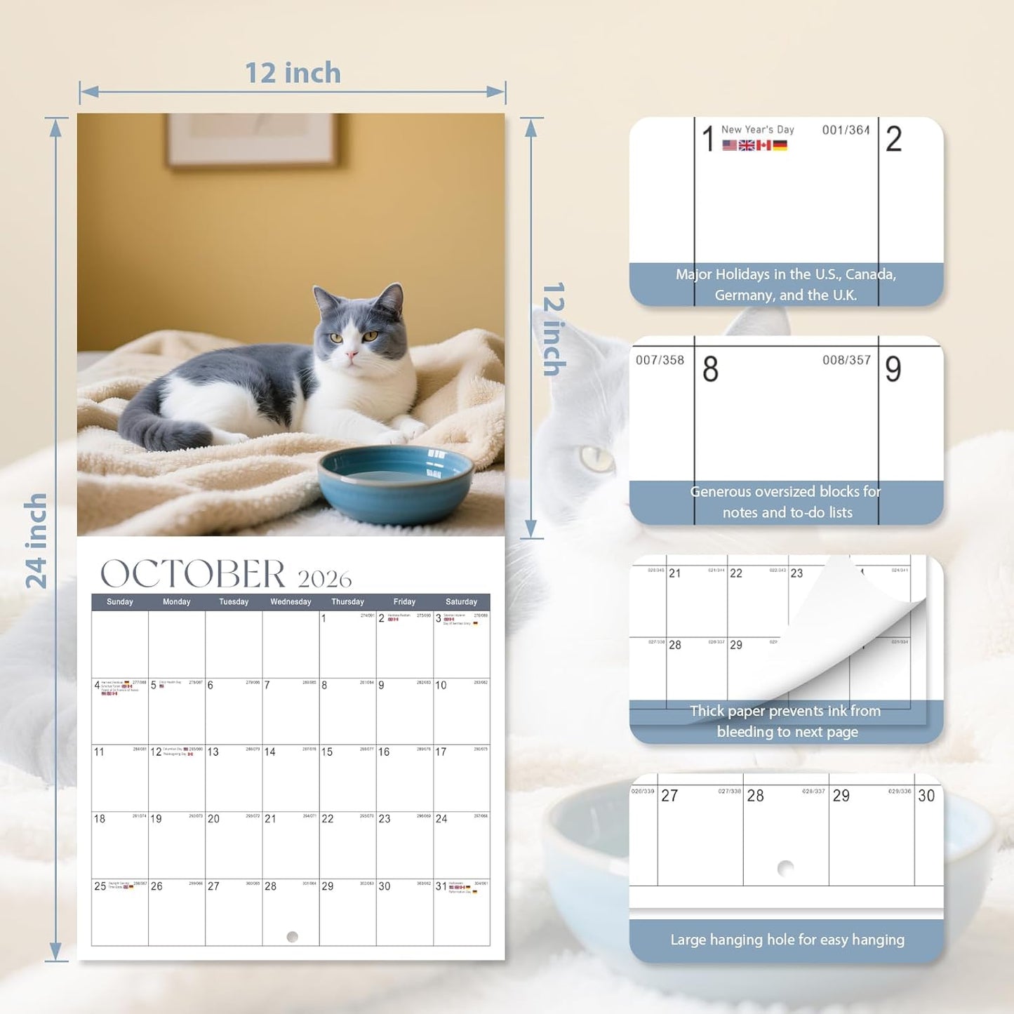 2026 Wall Calendar, Large Monthly Wall Calendar Dogs, Jan 2026 - Dec 2026, 12" x 24" (Opened), Hanging Planning Calendars for Family Home Office Supplies