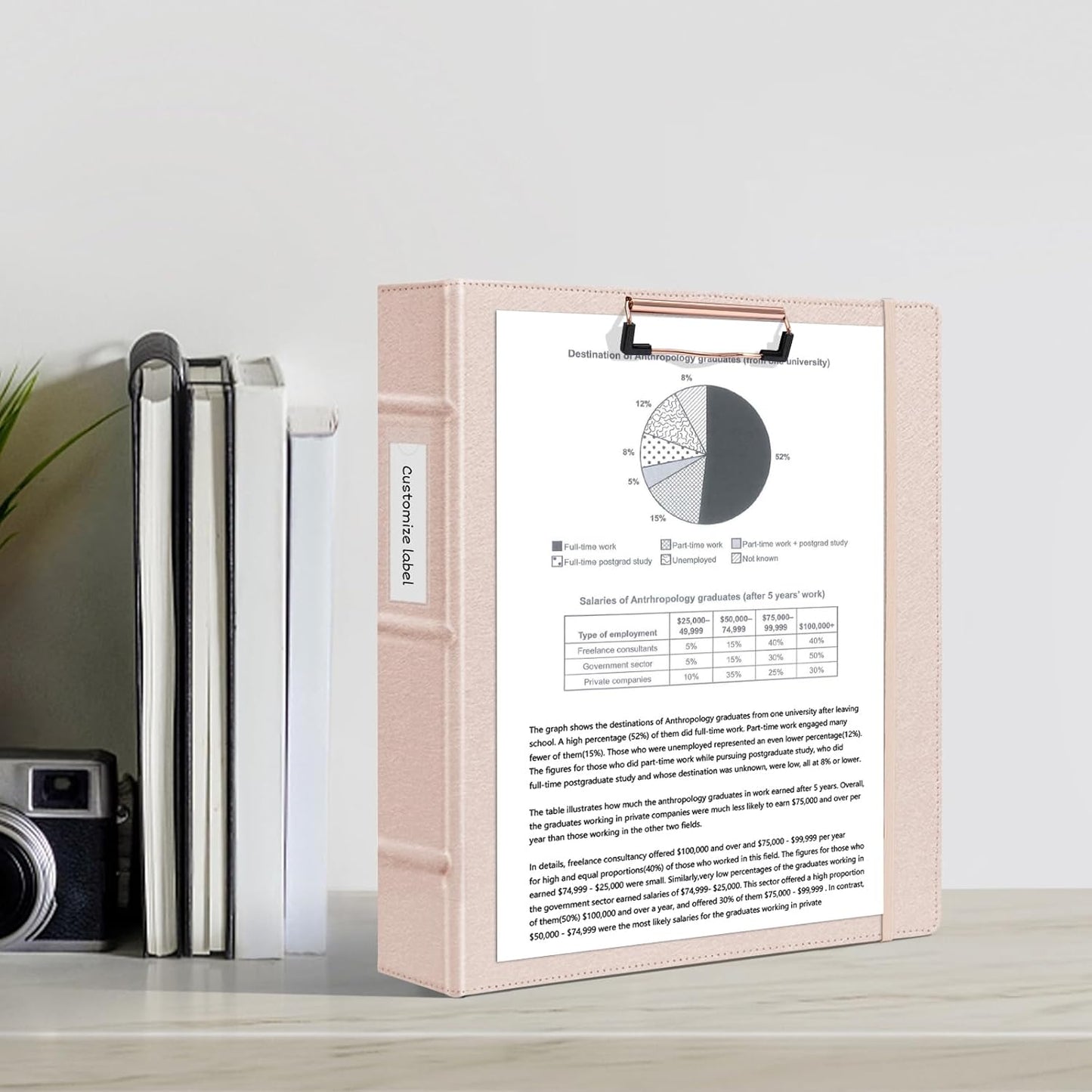 Ospelelf 3 Ring Binder with Clipboard 2 Inch Leather Binder for Letter Size (8.5" x 11"), Clipboard Binder with 5 Tab Dividers Back to School Supply, Rose Gold