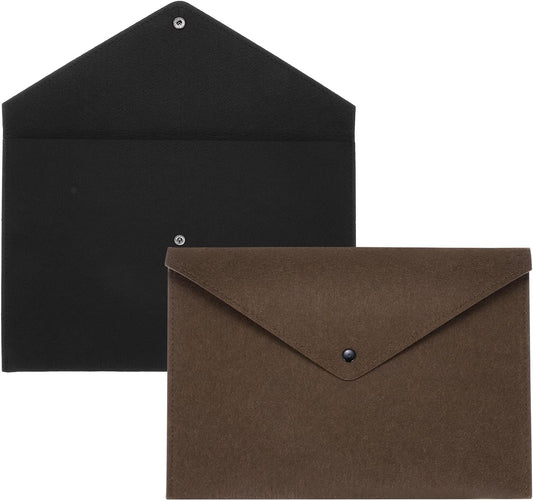 uxcell 2 Pcs Felt File Folders, A4 Envelope Folder File Document Storage Bag Portable File Folder Organizer Case with Button Closure for Office Business(Brown/Black)