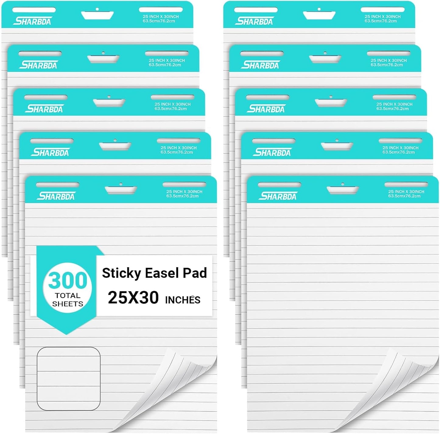 Lined Sticky Easel Pad, 25 in x 30 in,Flip Chart Paper,Sticky Chart Paper for Teachers, Large Self-Stick Easel Paper,Super Sticky & Bleed-Resistant,30 Sheets/Pad,10 Pads