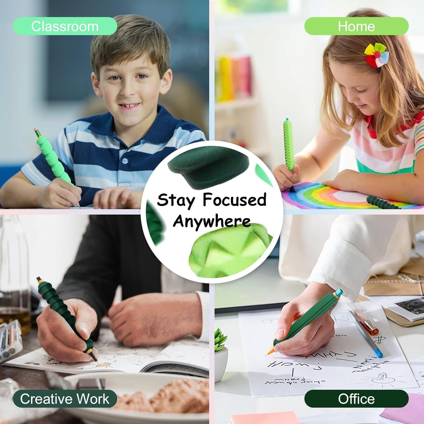 Pencil Grips, 4-Pack Textured Silicone Sleeves for Mechanical Pencils, Sensory Fidget ADHD Tool for Kids and Adults, Quiet Fidget Tools for Classroom Focus, Anxiety Relief (Green)