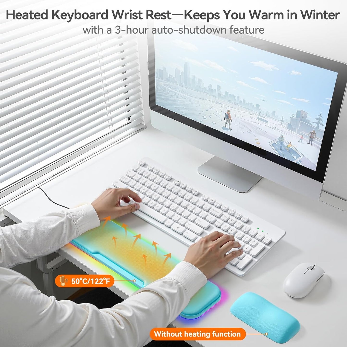 2-in-1 Heated Wrist Rest Set, Ergonomic Memory Wrist Pad with RGB Lights and Non-Slip Base, Keyboard Mouse Wrist Rest for Computer Laptop Office Work and PC Gaming