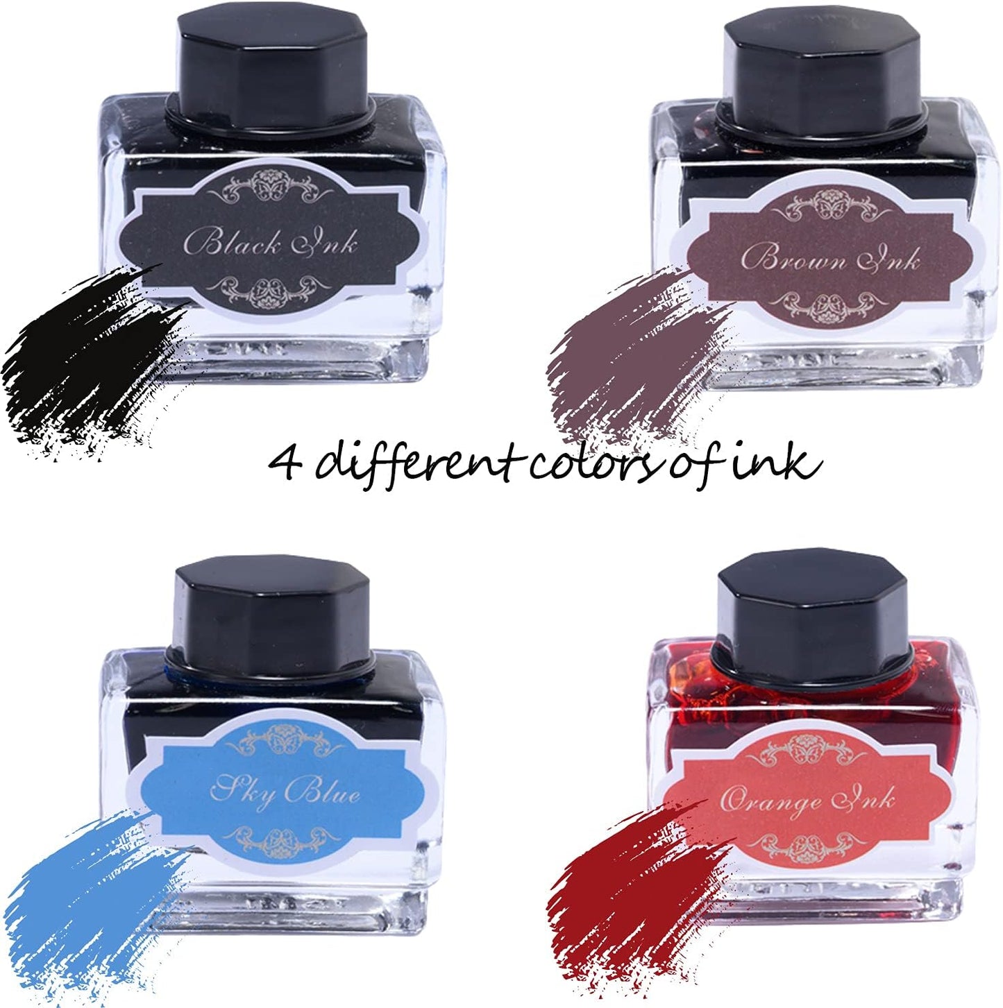 Calligraphy Pen Set Include Vintage Fountain Wooden Pen Glass Dip Pen for Beginners, 4 Colors Bottles of Ink, 10 Replaceable Nibs, 2 Pen Holders