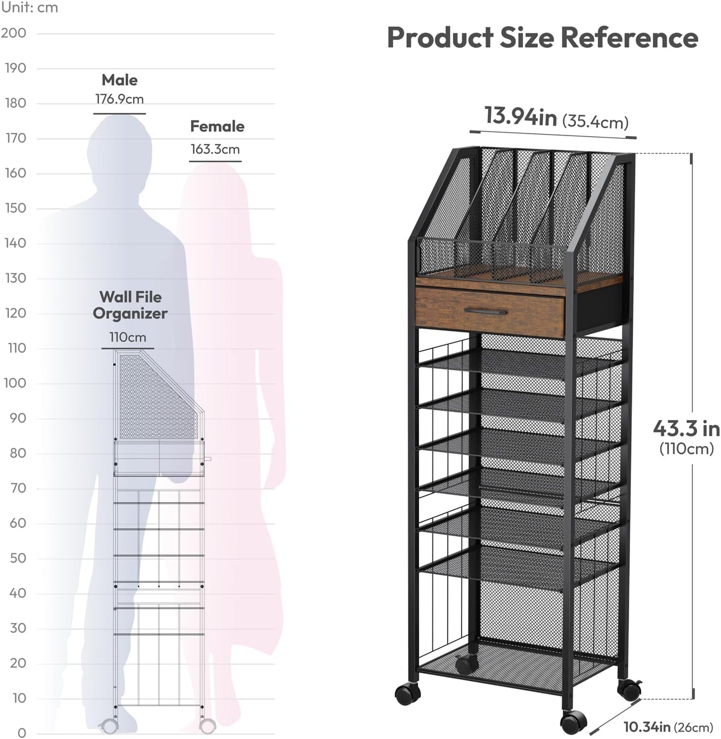 SWTYMIKI 9-Tier Rolling File Cart - Paper Organizer with Drawer and Trays, Wood Desk Office Organizer, Office Organization and Binder Storage for Workspace, Home, School, Espresso