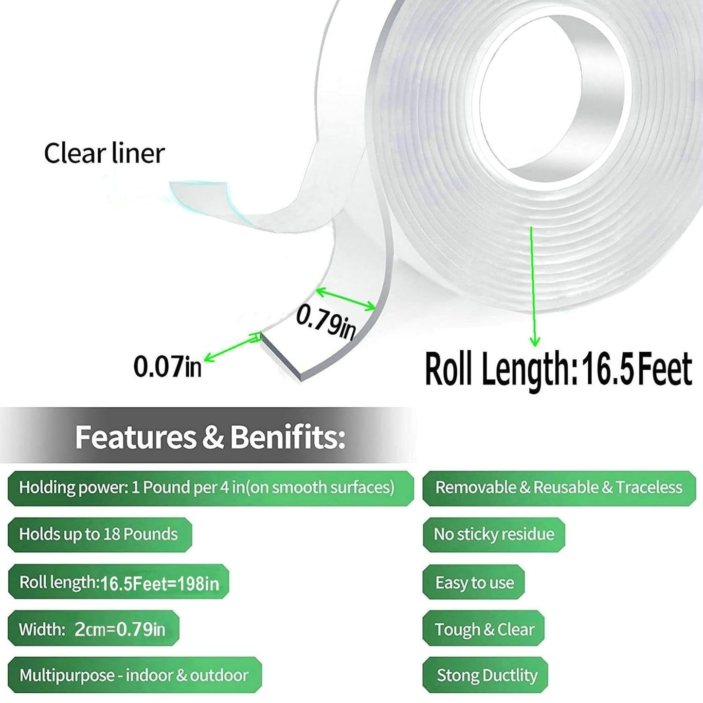 Double Sided Mounting Tape Heavy Duty, Clear Multipurpose Removable Sticky Strips, Reusable Strong Wall Tape Picture Hanging Strips Poster Carpet Tape, 5.0m X 2.0cm