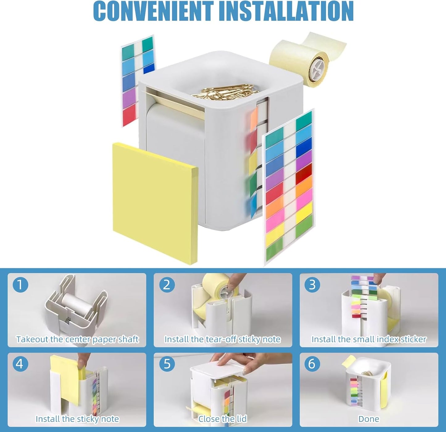 5-in-1 Sticky Note Dispenser and Holder with Pop Up Notes, Transparent Tabs, Magnetic Paper Clip Holder, Roll Sticky Notes - Multifunctional Cube Desk Organizer for Office, School & Home (Black)