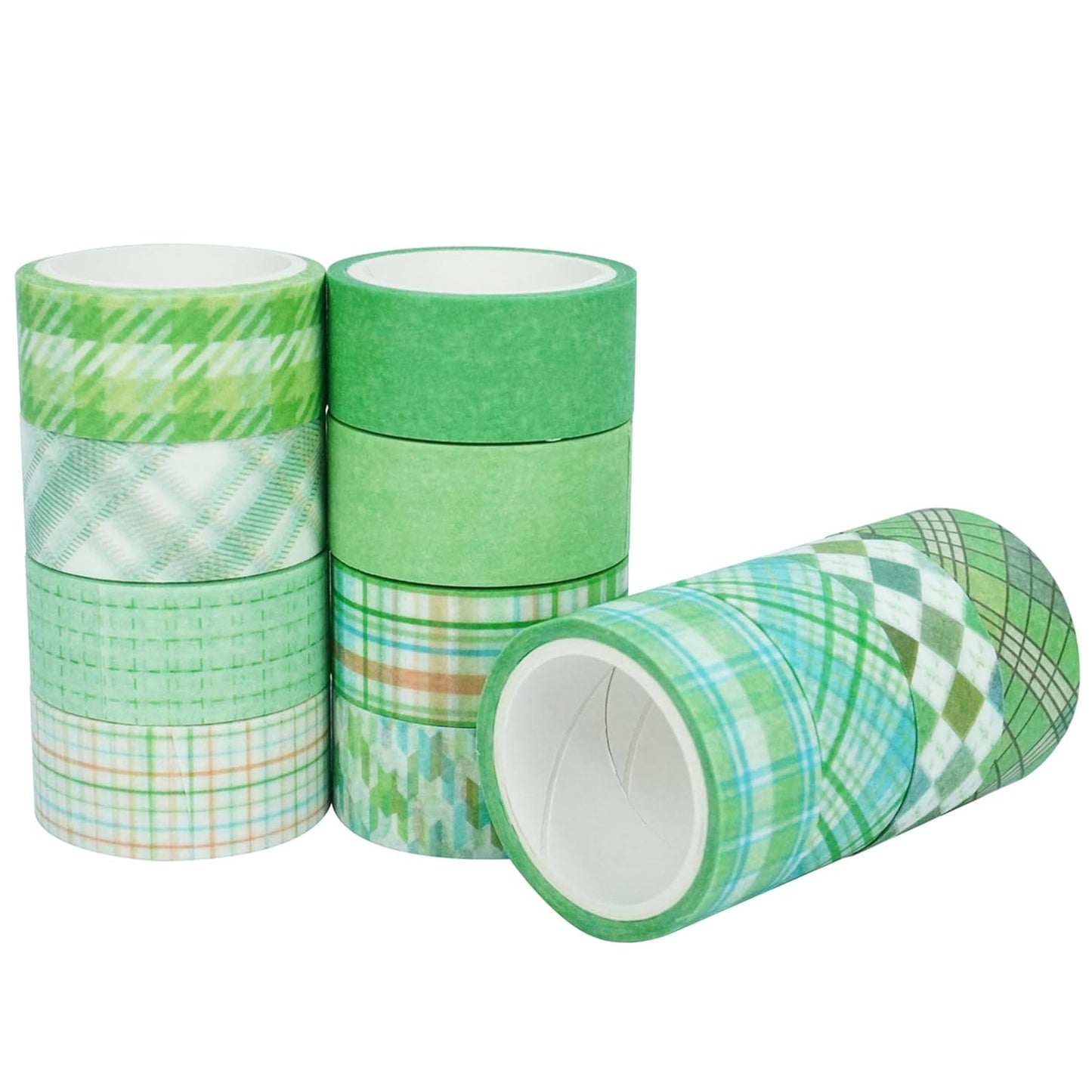 YUBX Basic Grid Washi Tape Set 12 Rolls Plaid Decorative Masking Tapes for Arts, DIY Crafts, Journals, Planners, Scrapbook, Wrapping (Green)