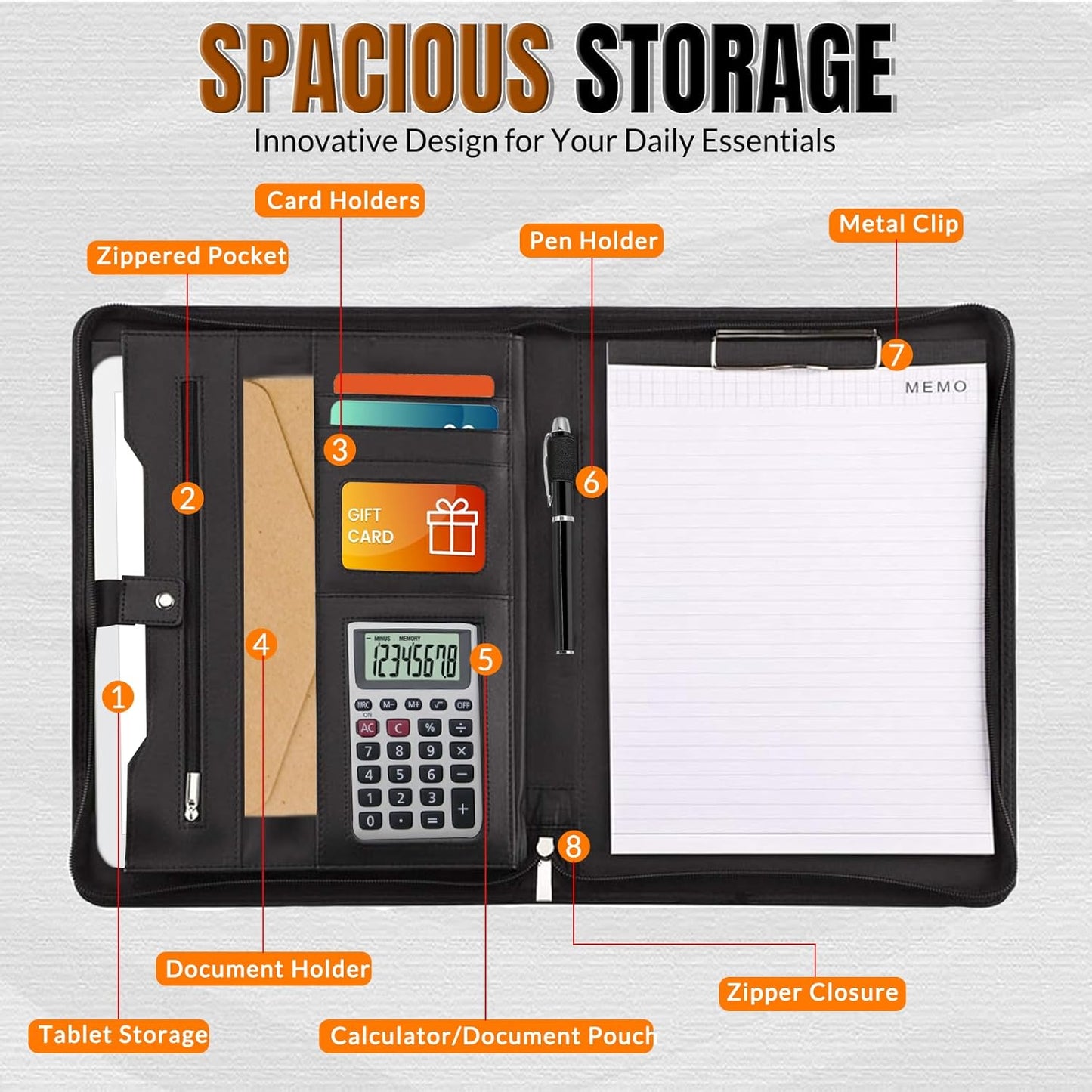 Personalized Portfolio with Zipper Logo Text Photo Custom Business Leather Folder Organizer with Clipboard Card Binder for Men Women Customized Padfolio for Gift Resume Interview Case Office