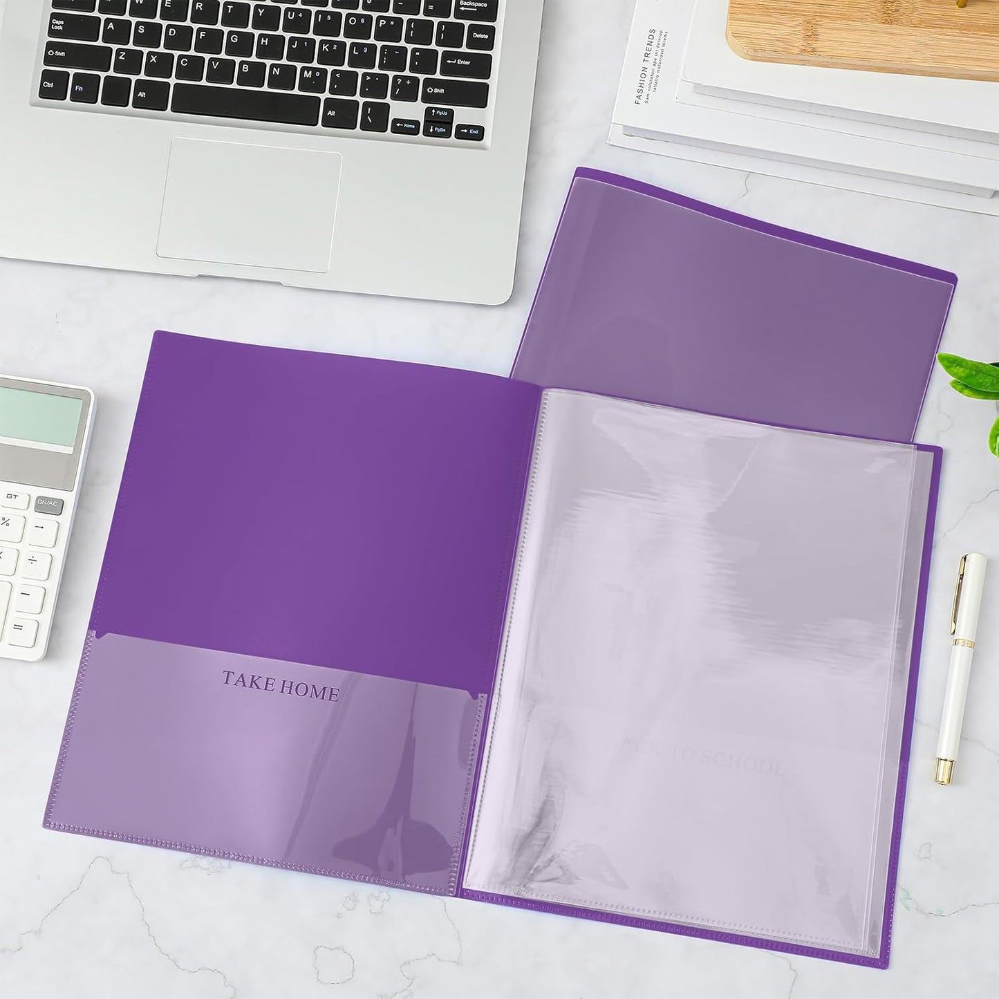 Henoyso 24 Pcs School and Home 2 Pocket Folders with 4 Clear Inner Pockets Plastic Heavy Duty Homework Folders Parent Teacher Communication for Student Home Office Classroom,11 x 9 Inch (Purple)