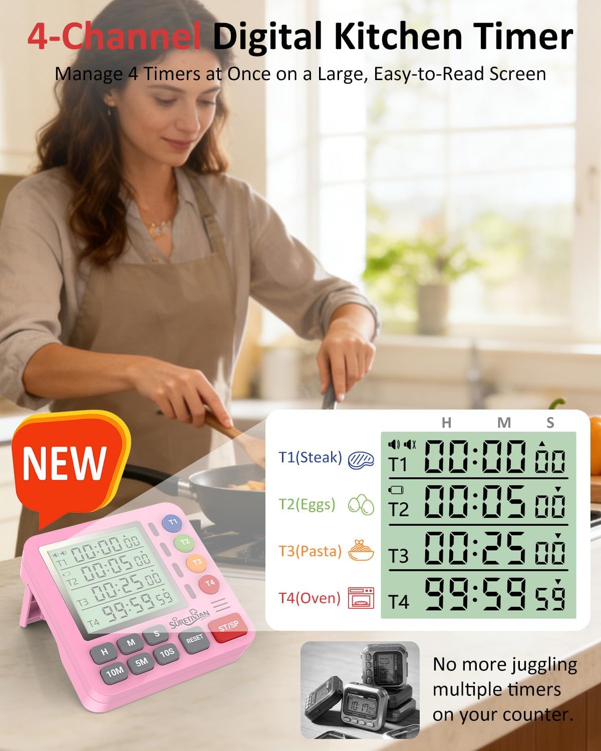 Digital Kitchen Timer for Cooking - 4 Channel Count Up Countdown Timer with Loud Alarm and Silent Mode, Large Display, Magnetic Back, Auto Memory for Classroom Study Gym, Battery Included (Pink)