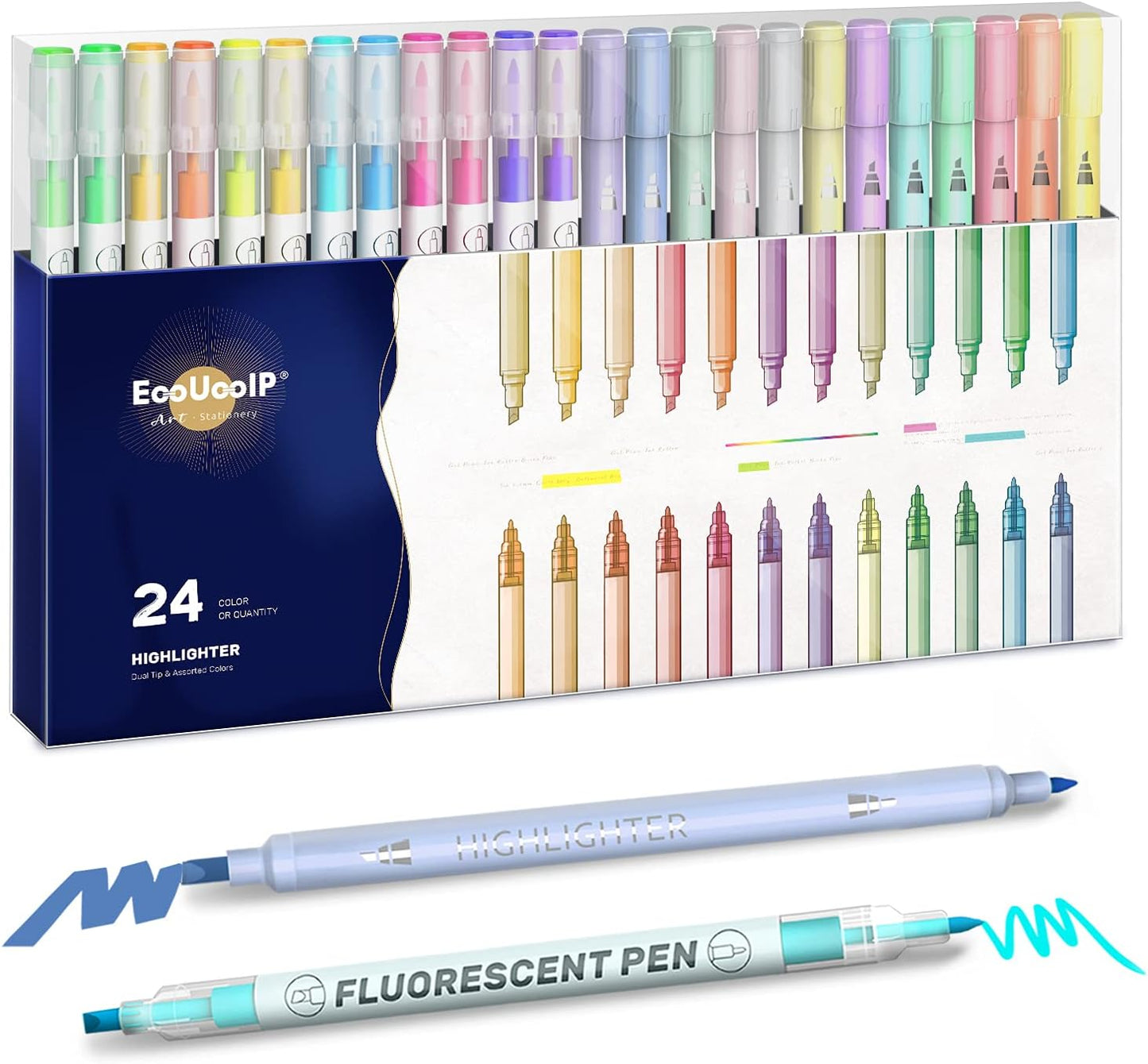 EooUooIP Highlighters, 24 Assorted Colors Highlighters Pens, Broad and Fine Tips Pastel Highlighter Marker Pens, Bible Highlighters No Bleed for Journaling, Students School Office Stationery