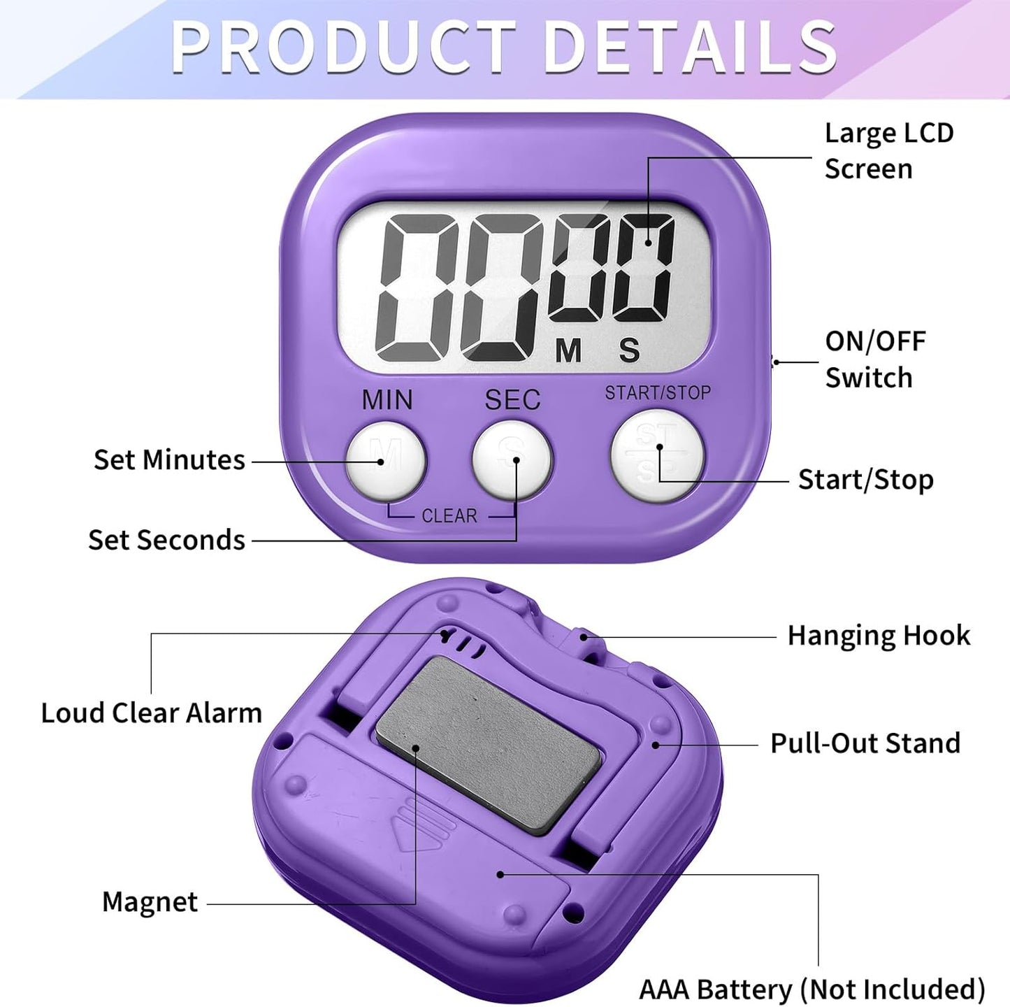 Macarrie 48 Pcs Digital Kitchen Timer Bulk Small Magnetic Backing Stand Timer Clock Loud Alarm LCD Display Electronic Minute Second Count Countdown Alarm for Teacher Classroom Cooking Baking (Fashion)