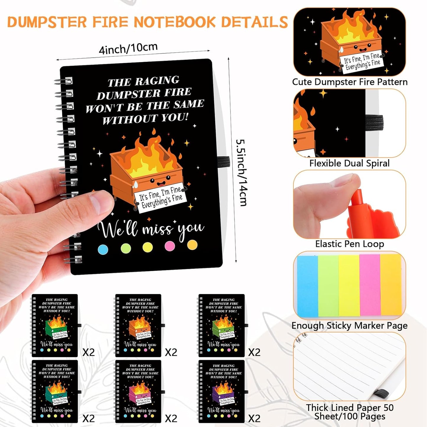 24Pcs Going Away Gifts-Dumpster Fire Notebook with Ballpoint Pens Pocket Journals Notepads Spiral Notebook with Sticky Note Emotional Support Gifts Appreciation Gifts for Coworkers Leaving Job Office