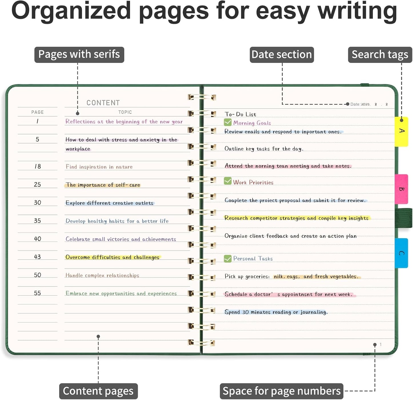 AHGXG Lined Spiral Notebook Journal for Women, 140 Pages Hardcover Leather Notebook College Ruled, A5 5.7" x 8.3", 100 GSM Thick Paper, Notebooks for School Work, Journals for Writing, Green
