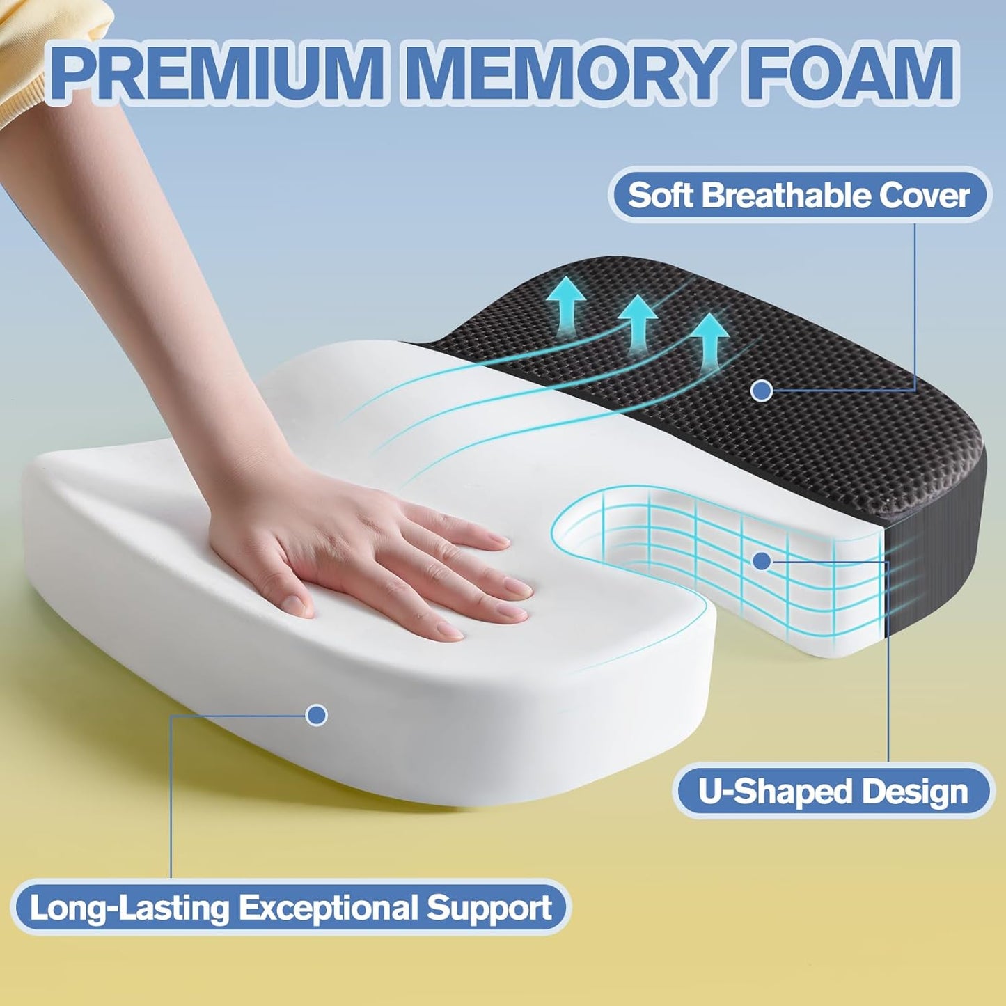 Seat Cushion for Office Chairs, Large Memory Foam Cushion for Car, Pressure Relief Ergonomic Chair Cushion with Non-Slip Cover for Soft Support for Hip All Day Comfort - Black