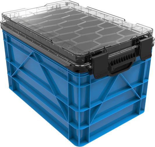 SIDIO Weather Resistant Stackable Storage Bins for Organization - Full-Size Plastic Bin with Dividers for Home Organization, Garage Storage - Heavy Duty Organizer Box (Sidio Blue)