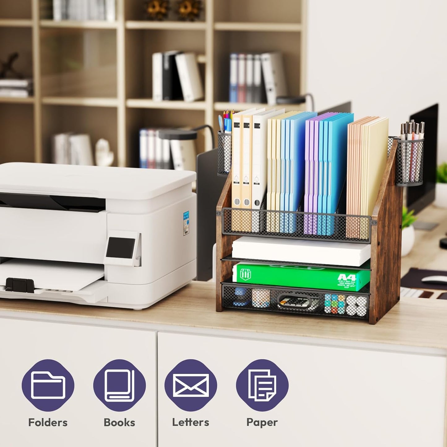 SWTYMIKI Desk Organizer with Drawers - Mesh and Wood Desk File Organizer with Pen Holders, 4-Tier Paper Organizer for Office Organizer and Accessorie, School and Home Storage, Espresso