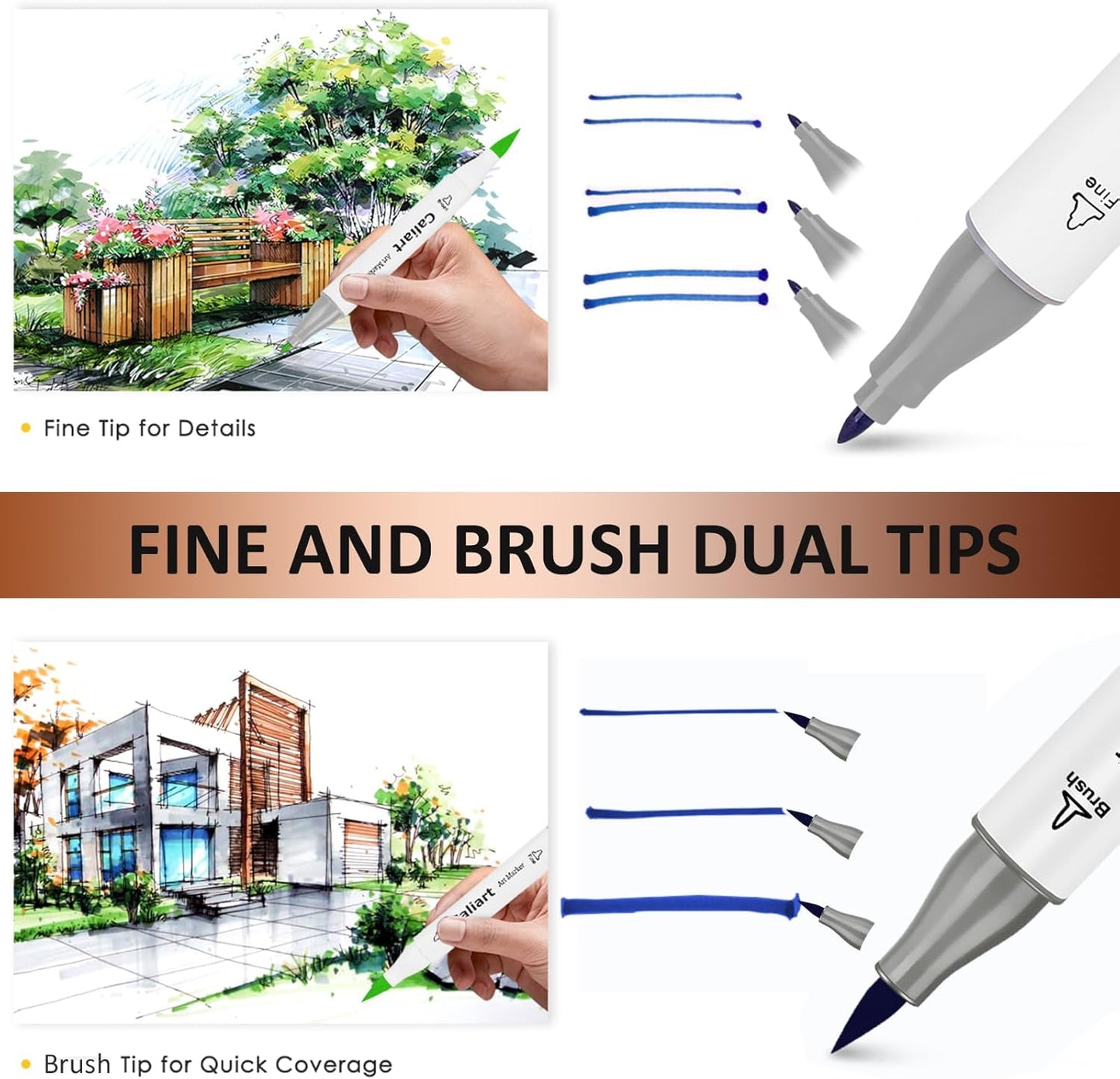 Caliart Art Markers, 41 Colors Alcohol Marker Pen Set Dual Tip Brush & Fine Permanent for Coloring Drawing Highlighters Anime Illustration Card Making Underlining Christmas Gifts