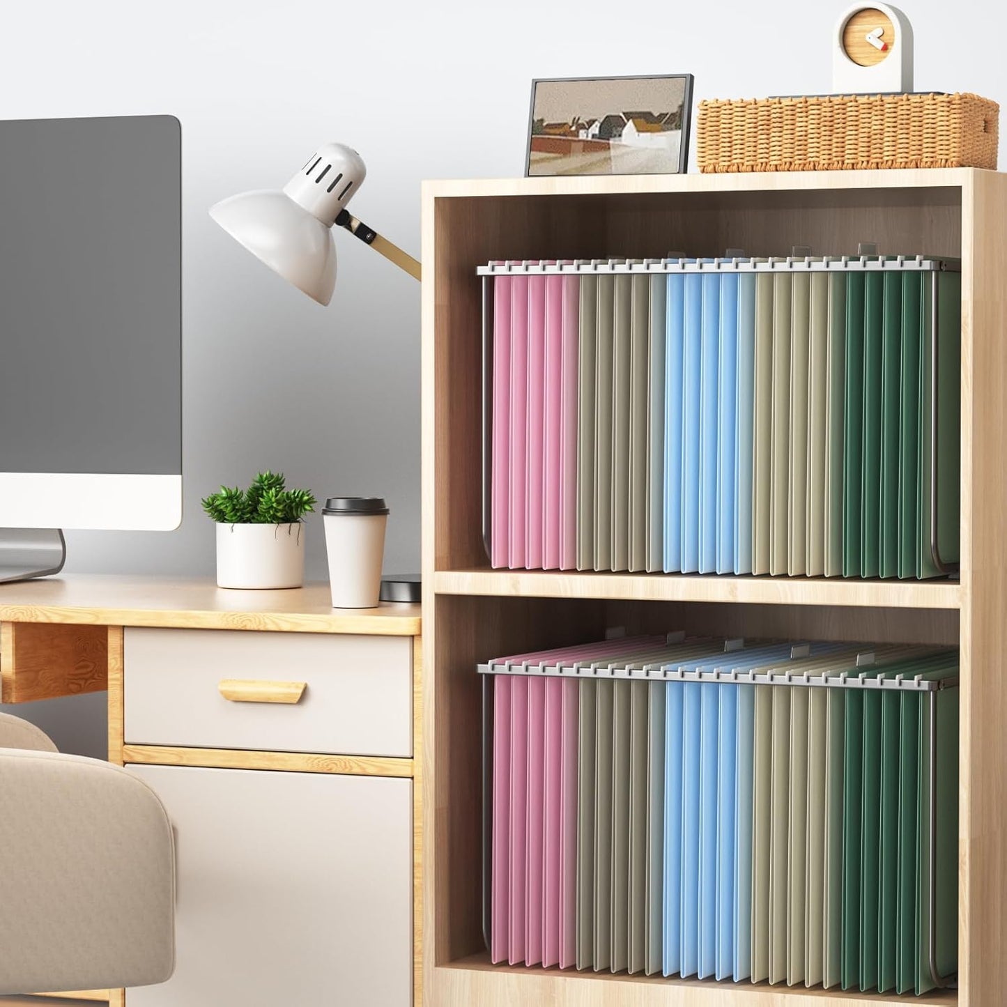 Hanging File Folders Letter Size, Metal File Frame with 25 Pcs Colored Hanging File Folders, No Extension 1/5-Cut Tabs File Organizer Includes Hanging Folders for Desk Office Filing Cabinet