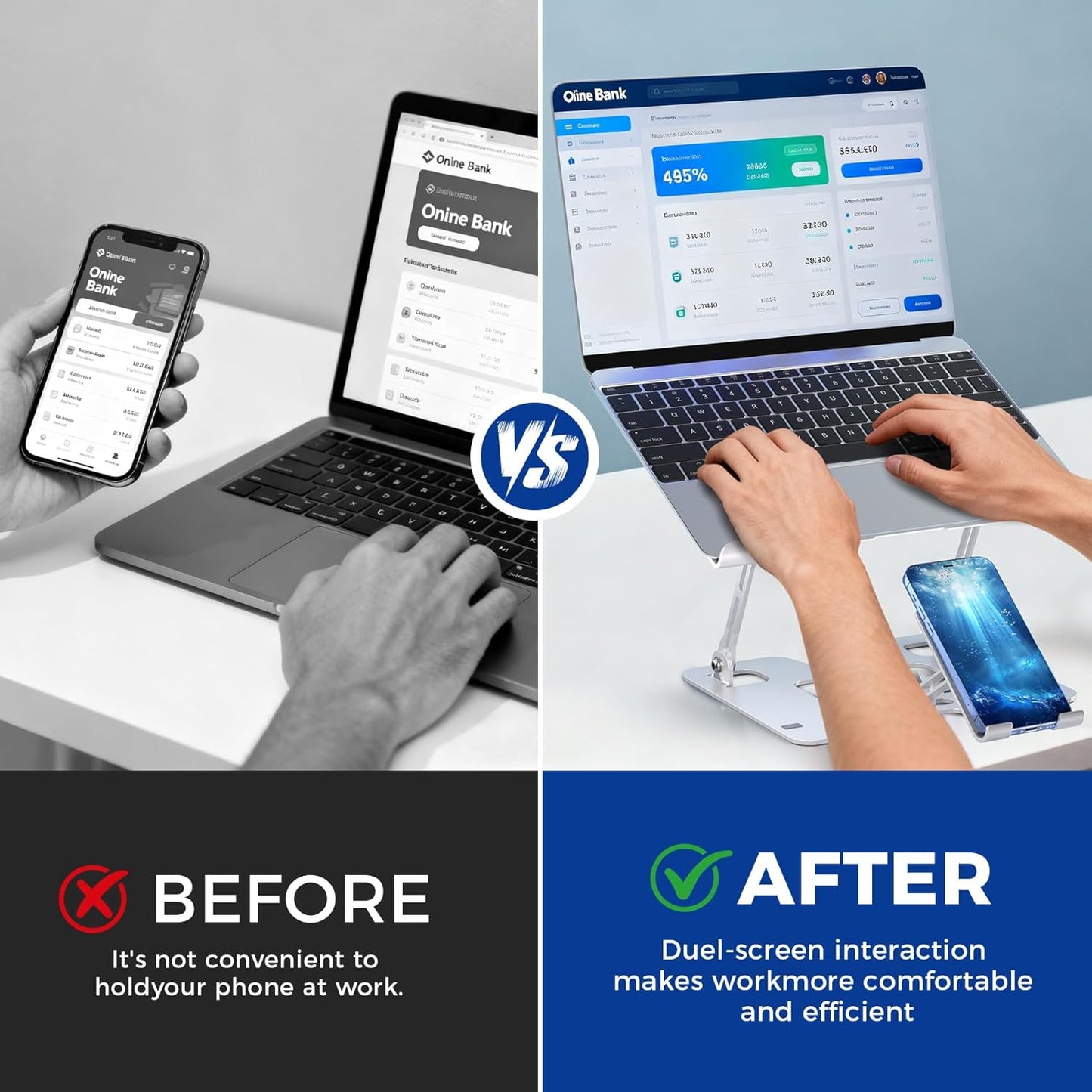 Ergonomic 2-in-1 Laptop Phone Stand for Desk, Adjustable Riser, Sturdy and Portable, Fits All Laptops and Phone (White)