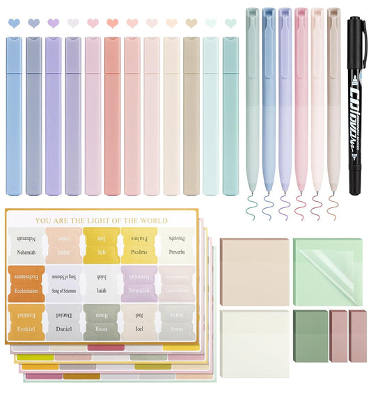 30 Pcs Bible Journaling Kit, Colored Bible Study Supplies, 12 Pastel No Bleed Highlighters and 6 Colored Pens, Transparent Sticky Notes and Bible Tabs Set and More, Book Annotation Kit for Women & Men