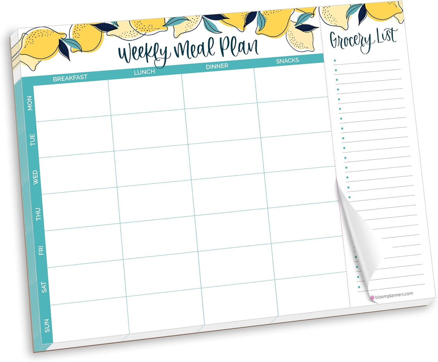 bloom daily planners Horizontal Weekly Magnetic Meal Planning Pad for Fridge with Tear-Off Grocery Shopping List - Hanging Food/Menu Organizer Notepad with Magnets - 8.5” x 11” - Lemons