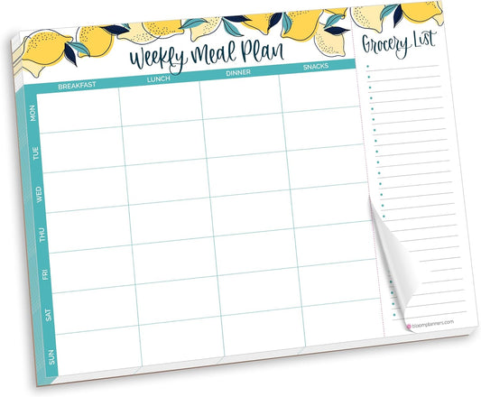 bloom daily planners Horizontal Weekly Magnetic Meal Planning Pad for Fridge with Tear-Off Grocery Shopping List - Hanging Food/Menu Organizer Notepad with Magnets - 8.5” x 11” - Lemons