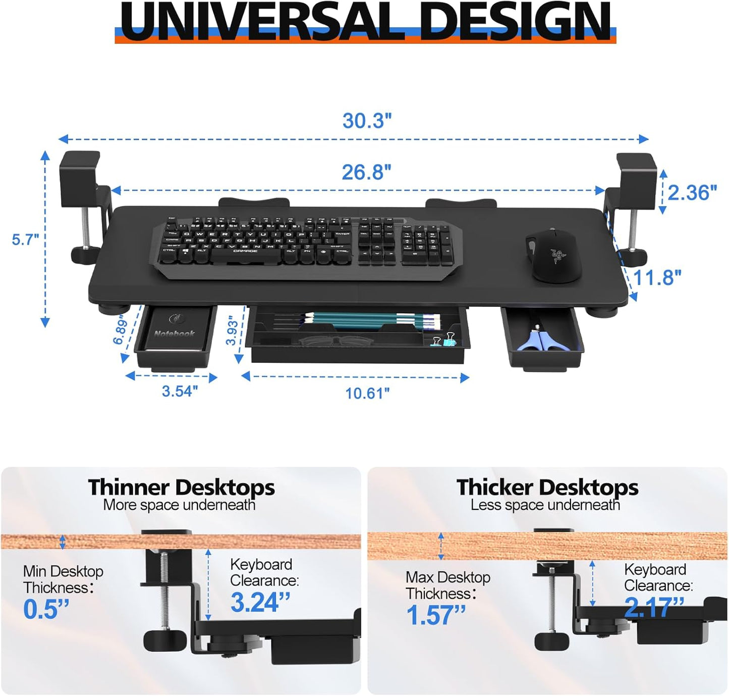 Large Keyboard Tray Under Desk Slide Out with Sturdy C-Clamp Mount and Storage Drawer, 27" (31" Including Clamps) x 12" Ergonomic Keyboard Trays for Home and Office, Black
