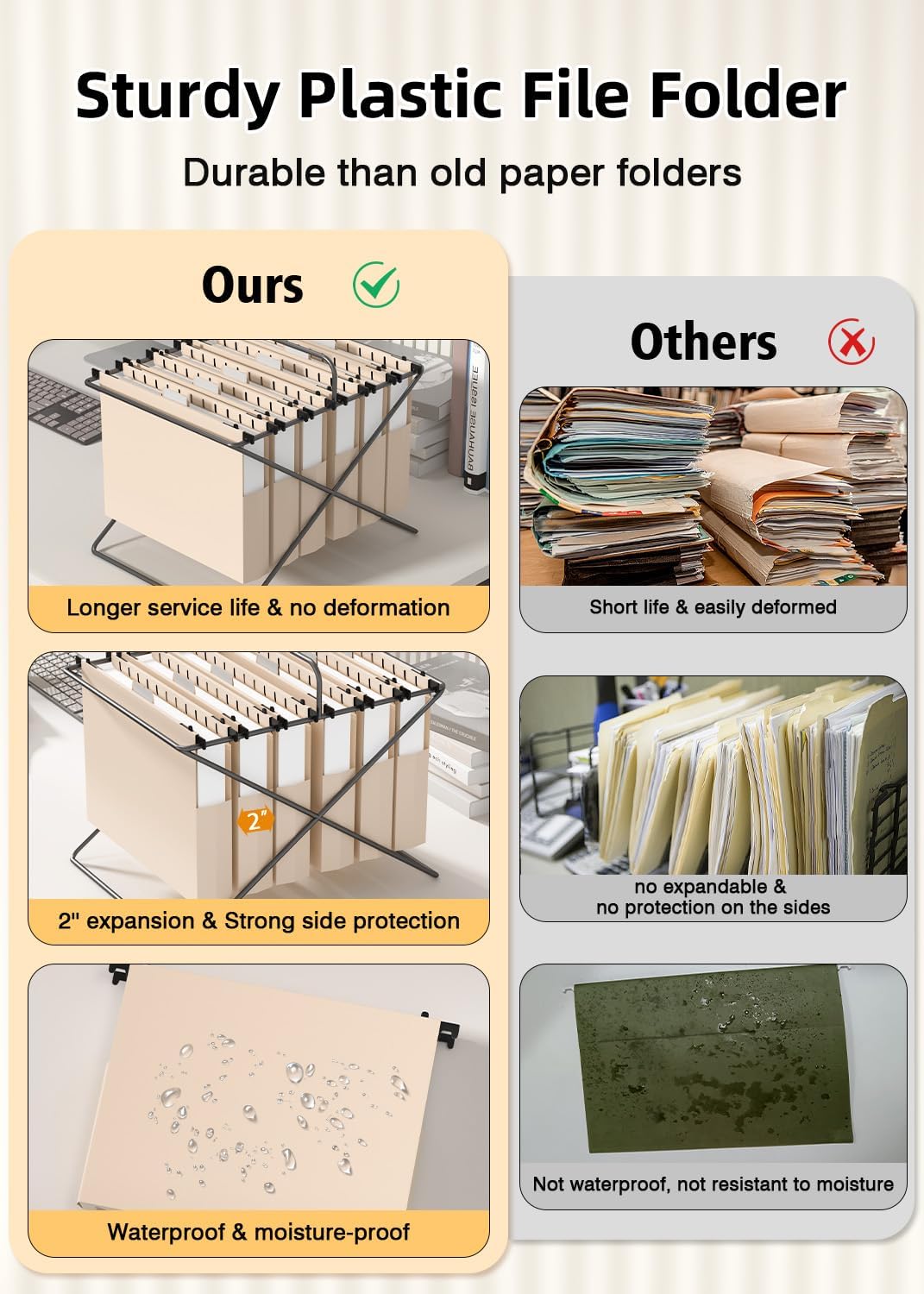 Extra Capacity Plastic Hanging File Folders,12 Pack Reinforced Hang Folder,Heavy Duty 2 Inch Expansion,Filing Cabinet Folders Letter Size for Bulk Files/Medical Charts(Light Beige)