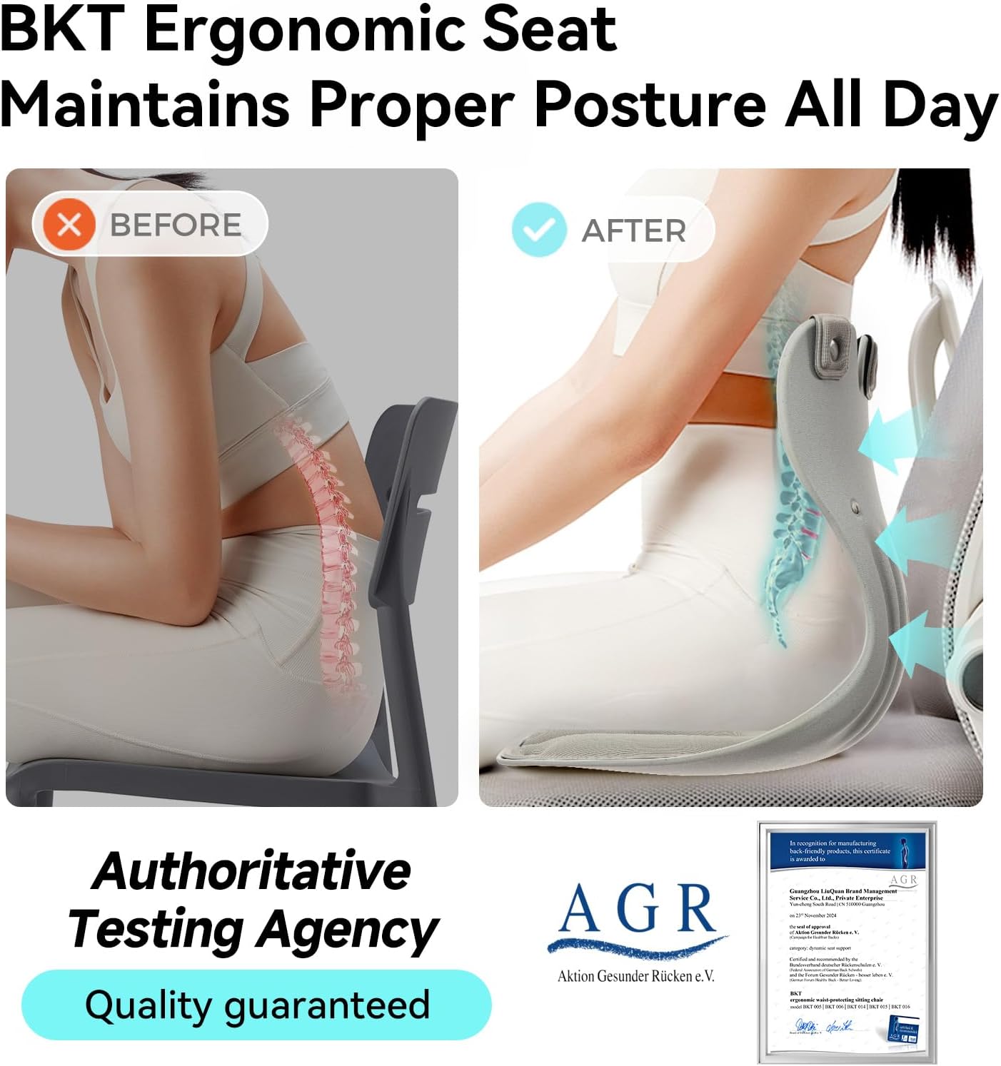 BKT Lumbar Support Seat Cushions Ergonomic Office Chair for Students Office Workers Nursing Mothers Long Sitting Outdoor Fishing Floor Chair (L-Grey)