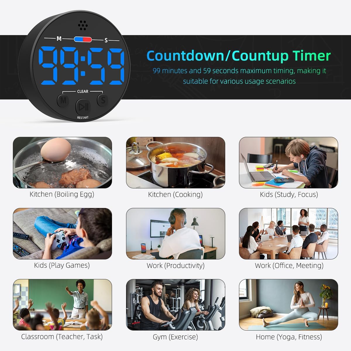 Visual Digital Timer for Kitchen, Classroom, Kids, Productivity, Magnetic Countdown Timer for Egg Cooking, Toddler, Focus, Work, Task, Small Desk with Large LED Display, Super Loud Alarm - Blue