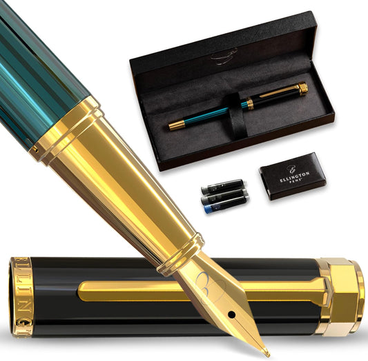 Ellington Pens Luxury Fountain Pen Set - Smooth Medium Nib - Includes 3 Ink Cartridges, Refillable Ink Converter, Gift Box -Fountain Pens For Writing, Calligraphy, Journaling, Sketching (Urban Hunter)
