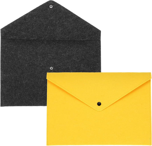 uxcell 2 Pcs Felt File Folders, A4 Envelope Folder File Document Storage Bag Portable File Folder Organizer Case with Button Closure for Office Business(Grey/Yellow)