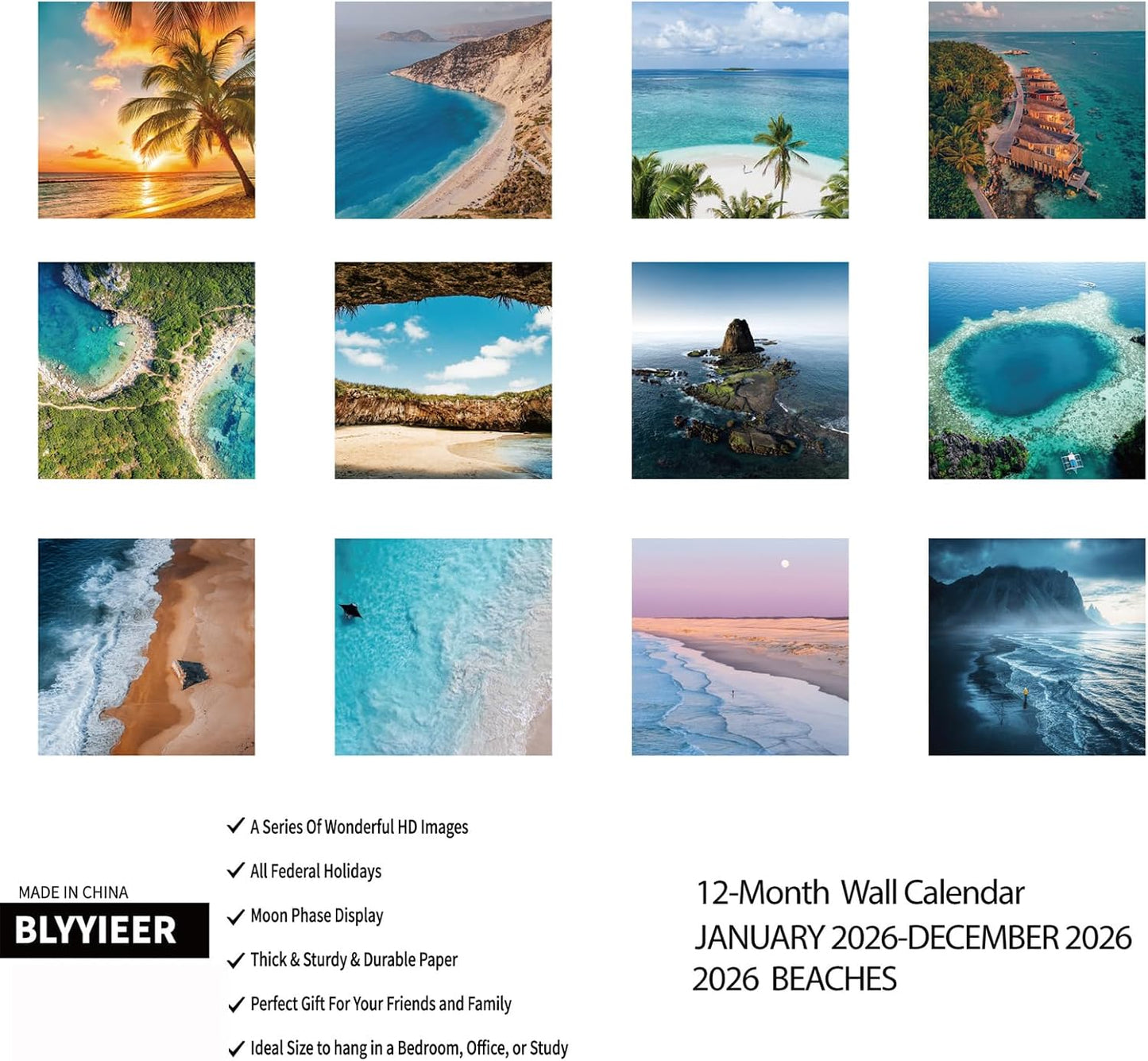 2026 Wall Calendar BEACHES, 12 Months Hangable Wall Calendars, Beach Calendars 2026, 12" x 24" (Open), Thick Glossy Paper, Organizing & Planning