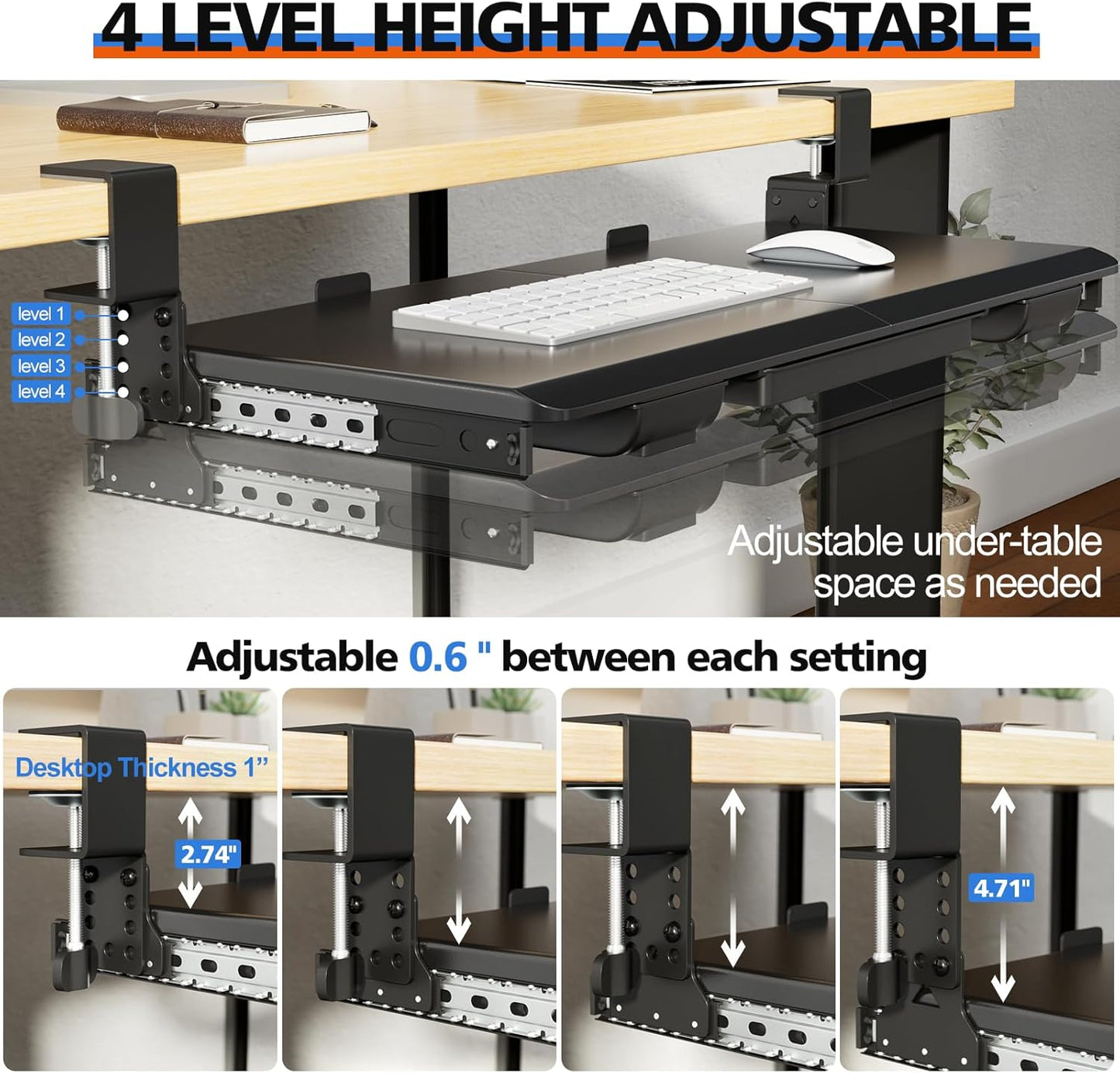 Large Height Adjustable Keyboard Tray with Sturdy C-Clamp Mount and Storage Drawer, 27"(31" Including Clamps) x 12" Slide Out Ergonomic Keyboard Trays for Home and Office, Black