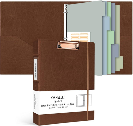 Ospelelf 3 Ring Binder with Clipboard, 1 Inch Leather, Brown, Letter Size (8.5" x 11"), 5 Tab Dividers