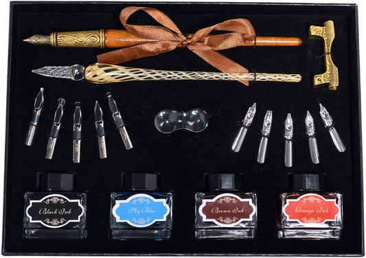 Calligraphy Pen Set Include Vintage Fountain Wooden Pen Glass Dip Pen for Beginners, 4 Colors Bottles of Ink, 10 Replaceable Nibs, 2 Pen Holders