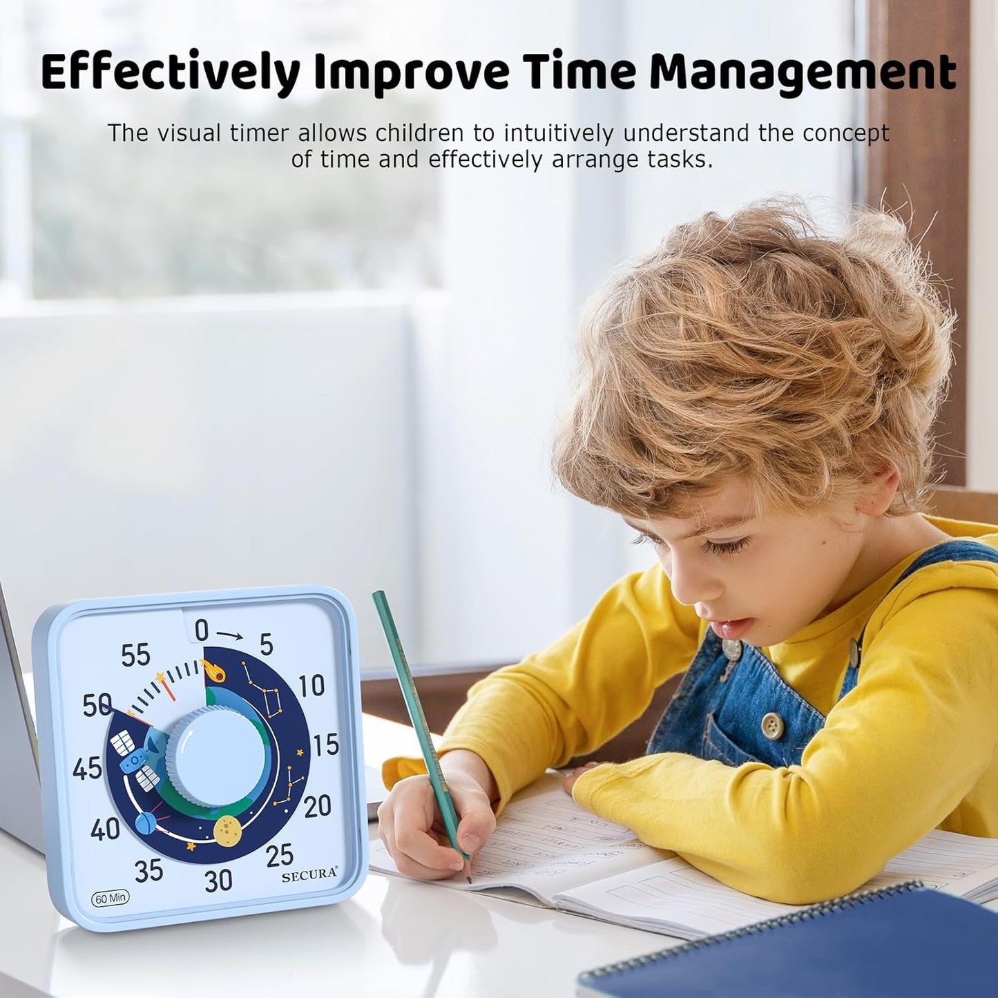 Secura 7.5-Inch Satellite Pattern Visual Timer for Kids, 60-Minute Countdown Timer for Classroom or Kitchen, Durable Mechanical Timer Clock with Magnetic Backing (Light Blue)