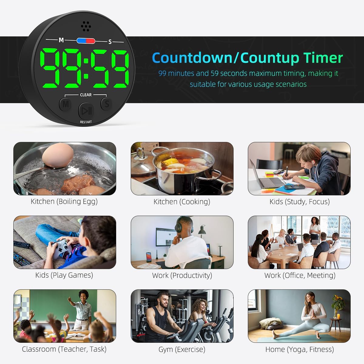Large LED Digital Timer, Magnetic Countdown Loud Timer for Kitchen Cooking, Classroom Whiteboard, Kids, Toddler, Game, Productivity, Focus, Work, Task, Office, Meeting – Small, Simple, Visual - Green